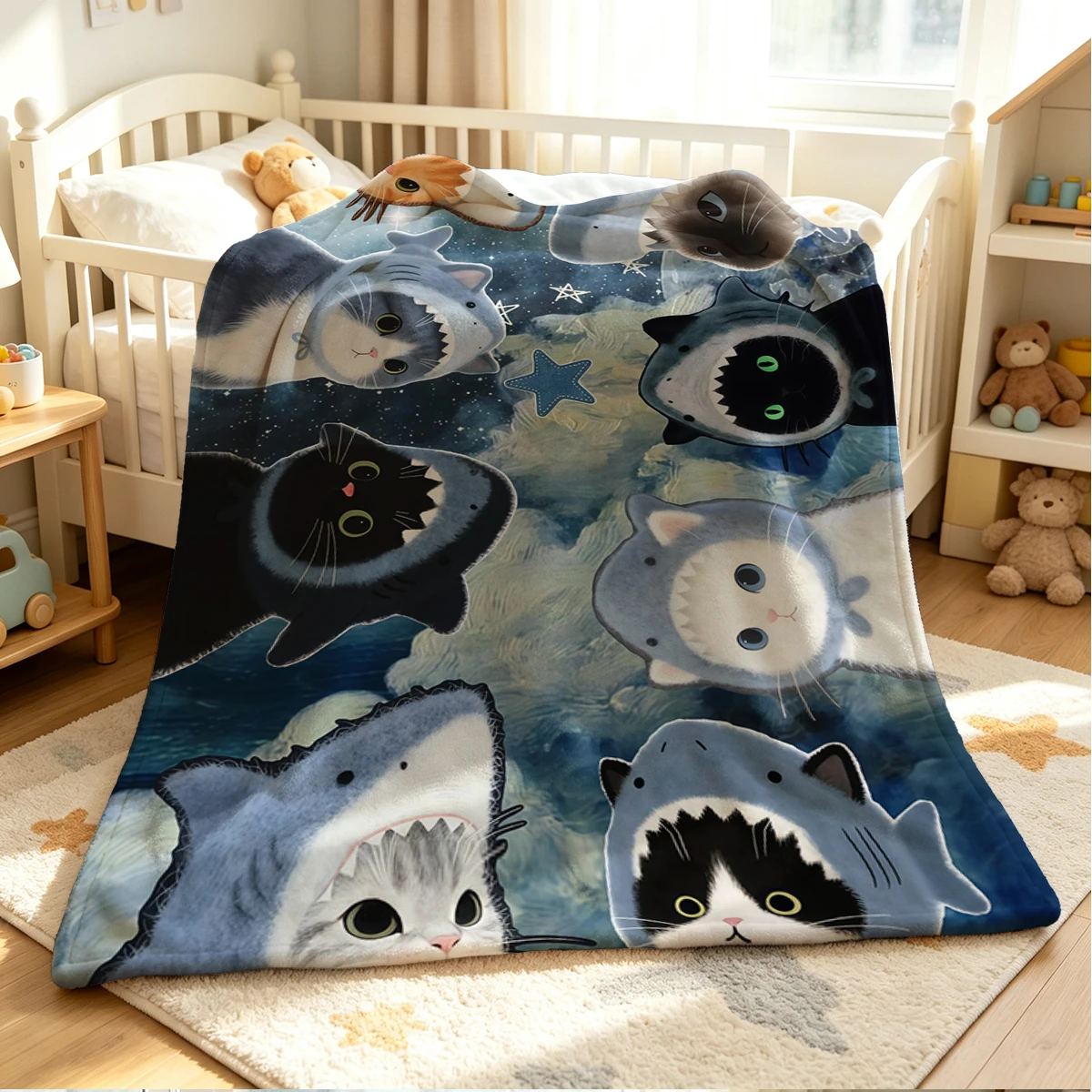 Shark Kitties Flannel Blanket Warm Soft Halloween Christmas Couch Warm Cozy Decorative Decor Gift for All Season