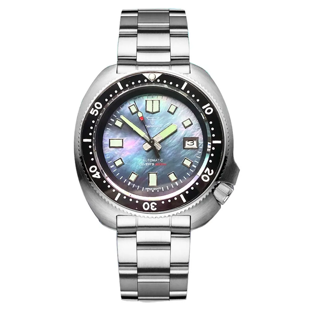 Tandorio NH35 MOP Dial Watch for Men Captain Steel Mechanical Diving 20Bar Silicone Strap Diving Lume Clock