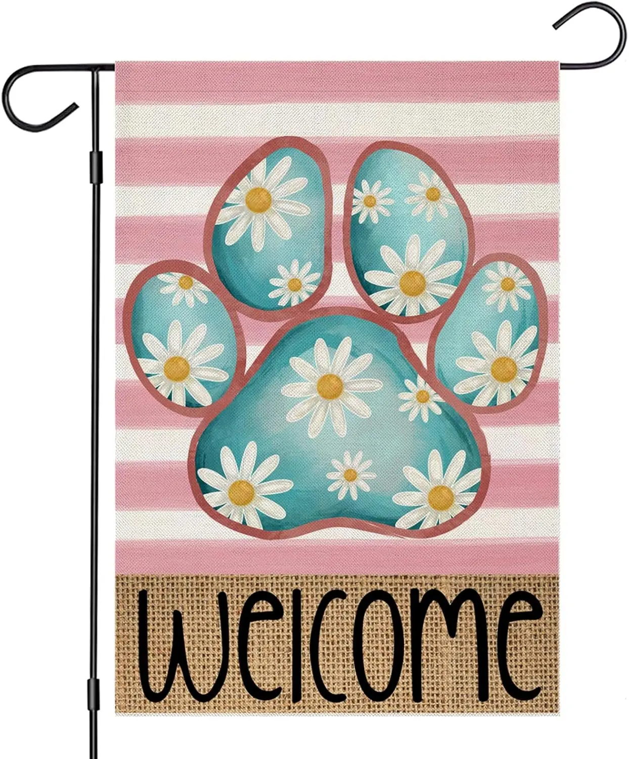 Welcome Spring Garden Flags for Outside, Dog Paw with Daisy Flowers Stripes Yard Decoration, Small Seasonal Outdoor Decor fo PPM