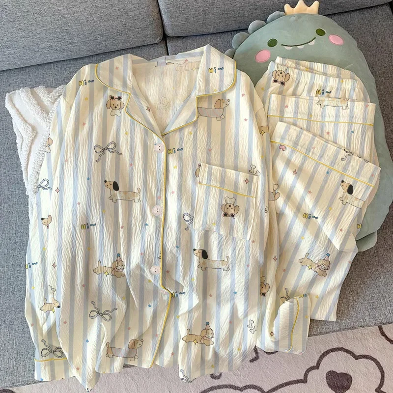 Sausage Dog Pajamas Women's Spring and Autumn Wrinkled Cloth Long Sleeved Set Cartoon Cute Little Fresh Striped Home Clothes