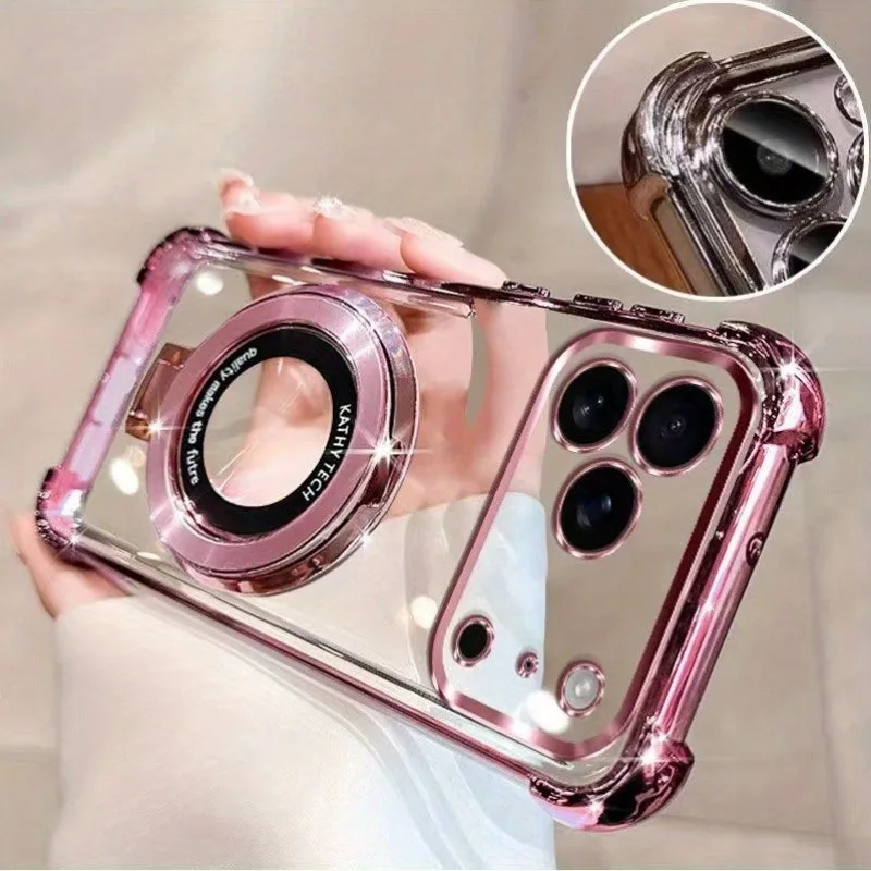 Premium Transparent Magnetic TPU Cover for iPhone 17 16 15 14 13 12 11 Pro Max 16 Plus 17 Air With Ring Stand Plated Clear Case - náhled 4