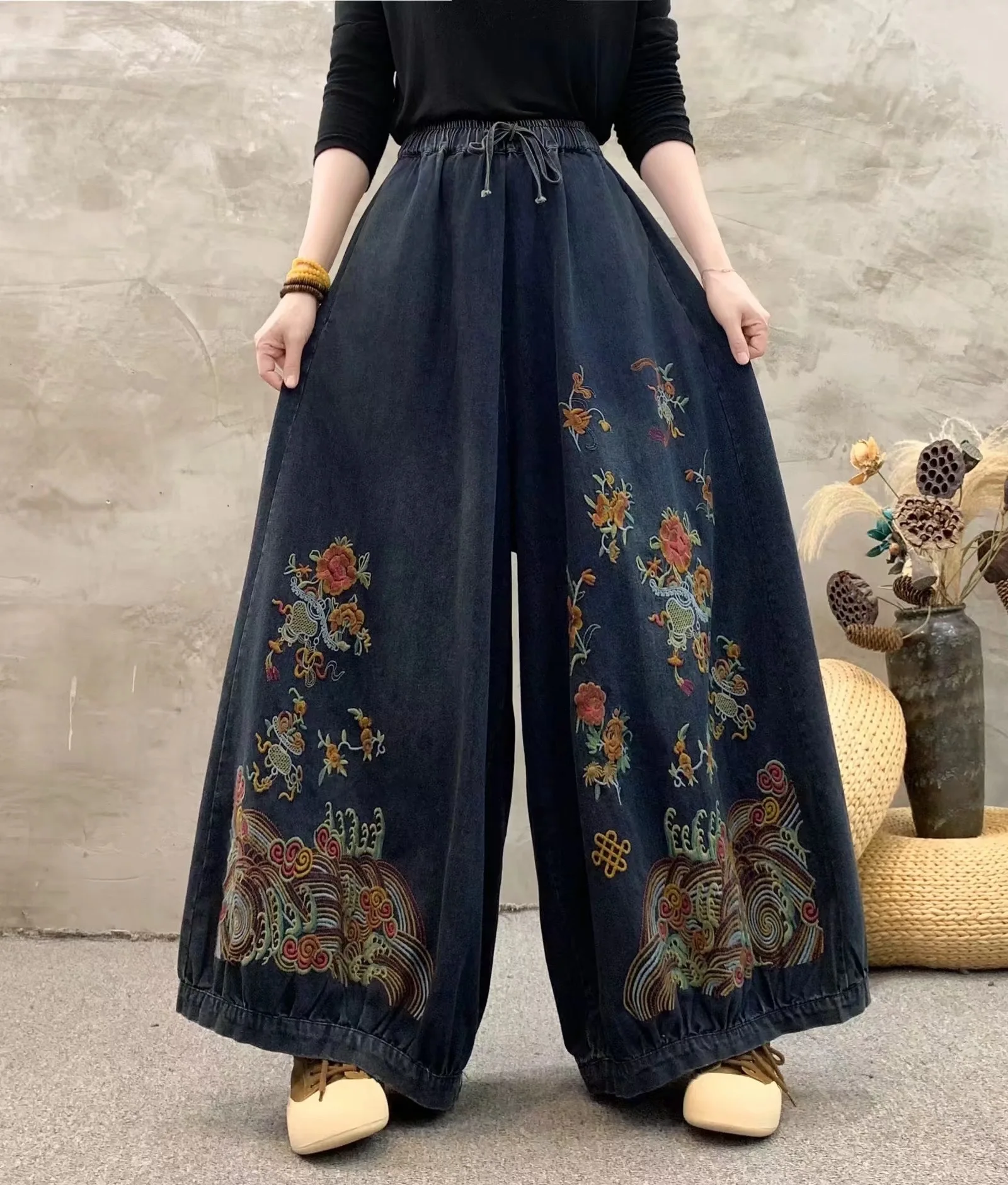 2024 autunno nuovi Jeans a vita alta ricamati da donna letterario Vintage elastico in vita cintura allentata gamba larga pantaloni Casual pantaloni