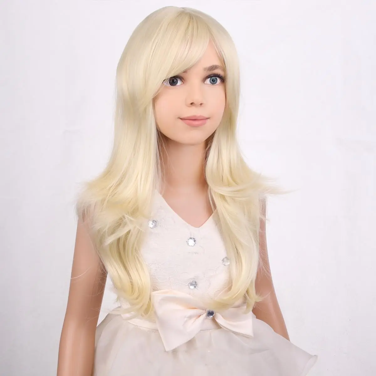 Blonde Perücke für Mädchen, lange gewellte hellblonde Perücke für Kinder, blonde lange Perücke mit Pony, synthetische Perücke