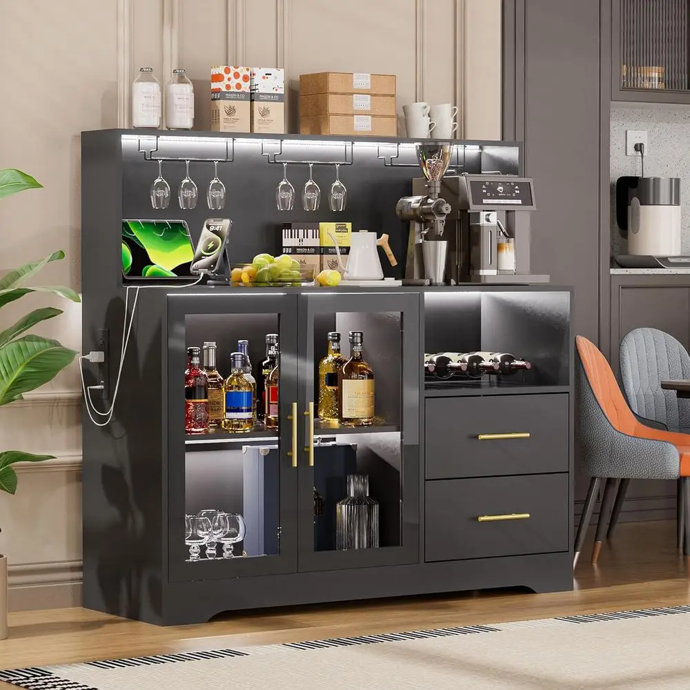 

Регулируемый RGB LED-шкаф для вина, стеклянная полка и хранилище, зарядная станция, универсальный кофейный шкаф для дома и столовой