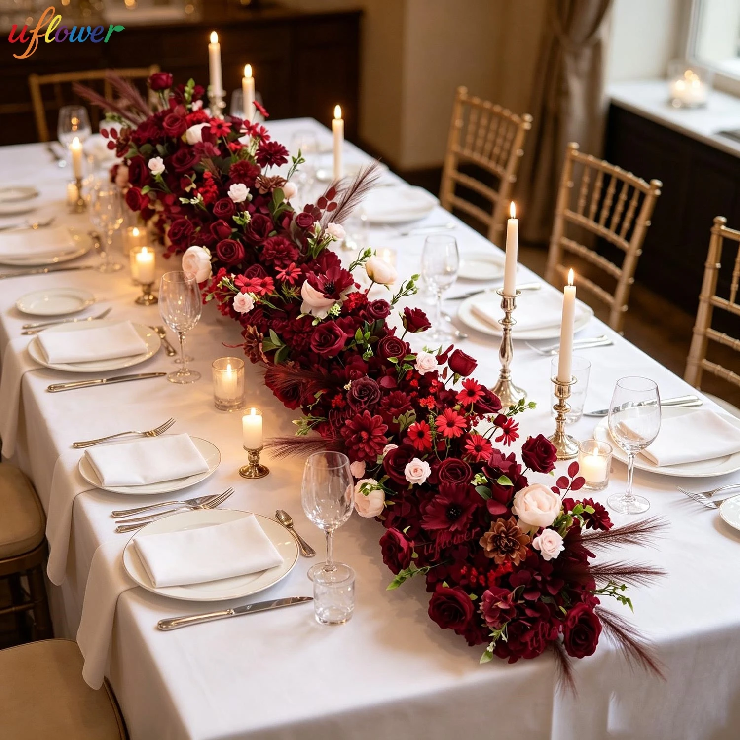 Uflower Rote Rose Künstliche Blume Hochzeits-Hintergrund-Dekoration Party-Dekoration Bodenblume Event-Tischdekoration Blumenarrangement