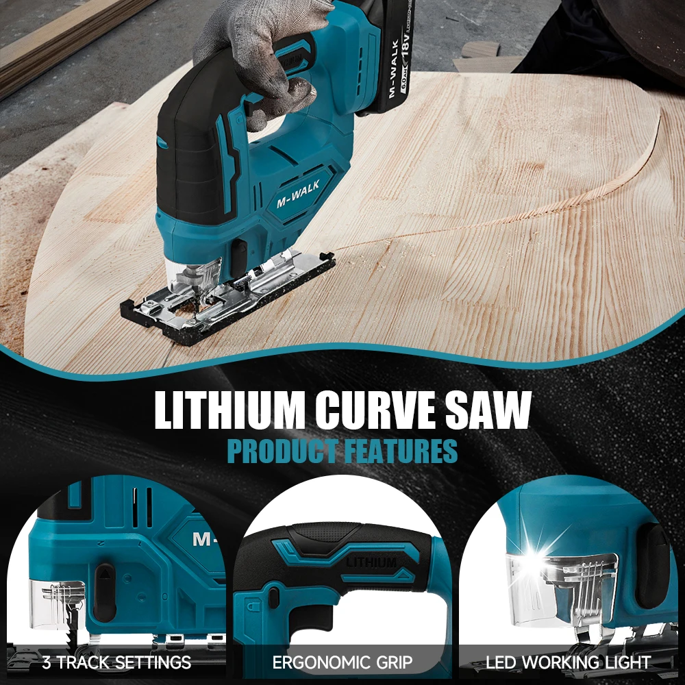 M-WALK 3000RPM Cordless Electric Curved Saw 750W Electric Jig Saw 45° Woodworking Cutting Power Tools for Makita 18V Battery Pin