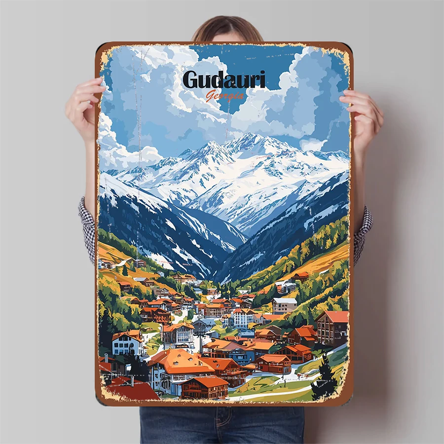 Gudauri Georgia Mountain Village Metal Wall Art Alpine Landscape Decor for Home Office Living Room Decoration