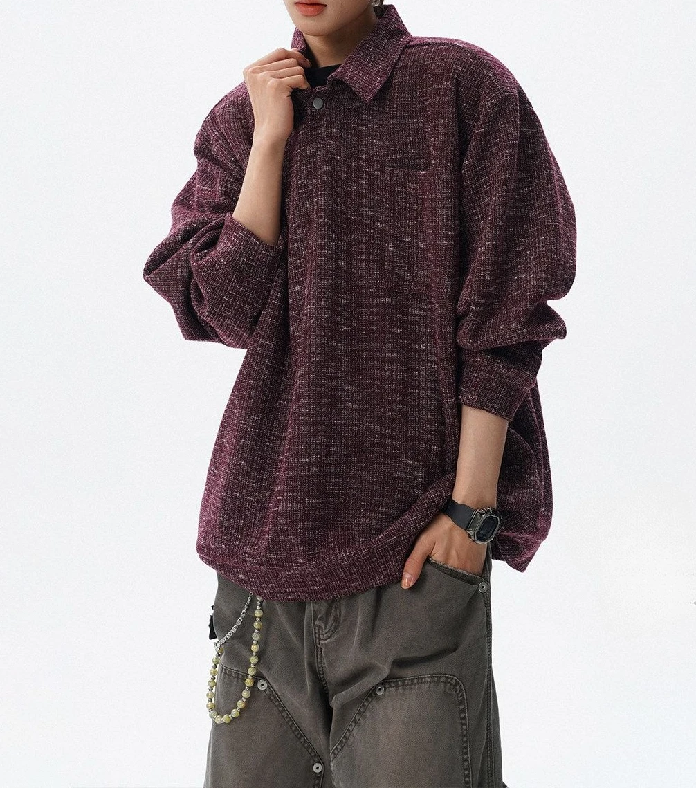 Vintage High Street Variegated Texture Lapel Sweater Men's 2026 Spring Loose Long-sleeved Top