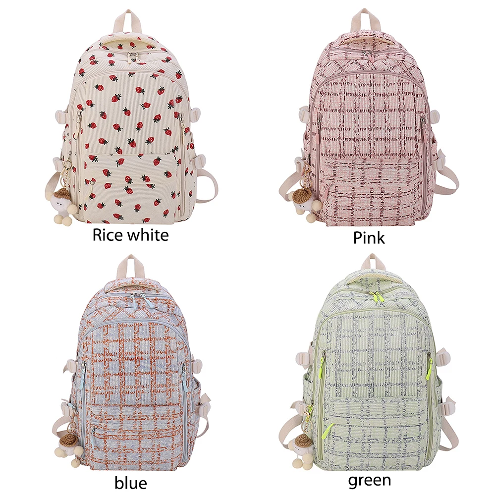 Women Cute Student Backpack with Pendant Corduroy Simple School Backpack Multi-Pockets Students Daily Backpack