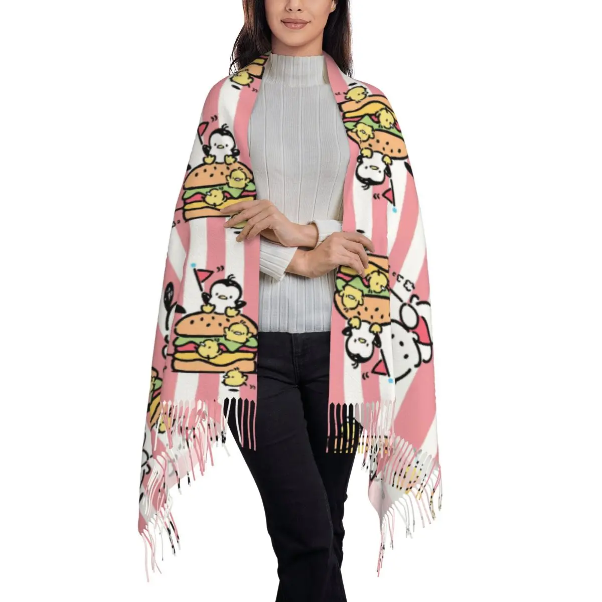 Custom Pochacco Hamburger Sjaal Wrap Vrouwen Lange Winter Warm Kwast Sjaal Unisex Sjaals