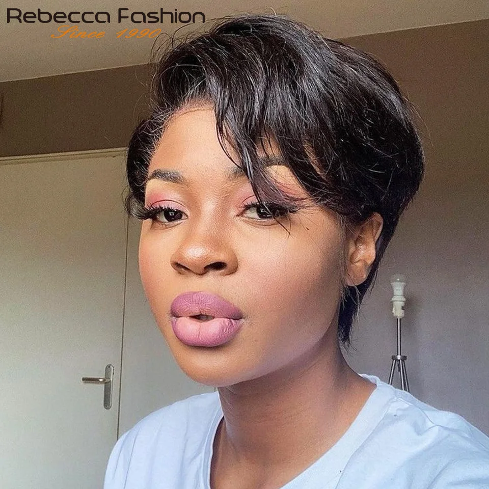 Rebecca Short Pixie Bob Side Part Lace Front Human Hair Wigs For Women Peruvian Remy Hair Ombre Blonde Glueless HD Lace Wigs