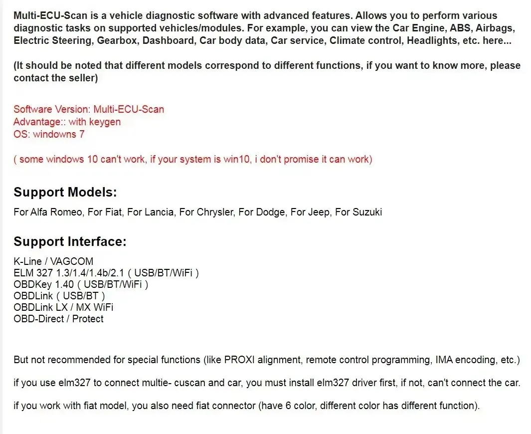 Multiecuscan V5.0 For Fiat/Chrysler/Dodge/Jeep/Suzuki Scanner Software Multiecuscan V4.8 for fiat original car software