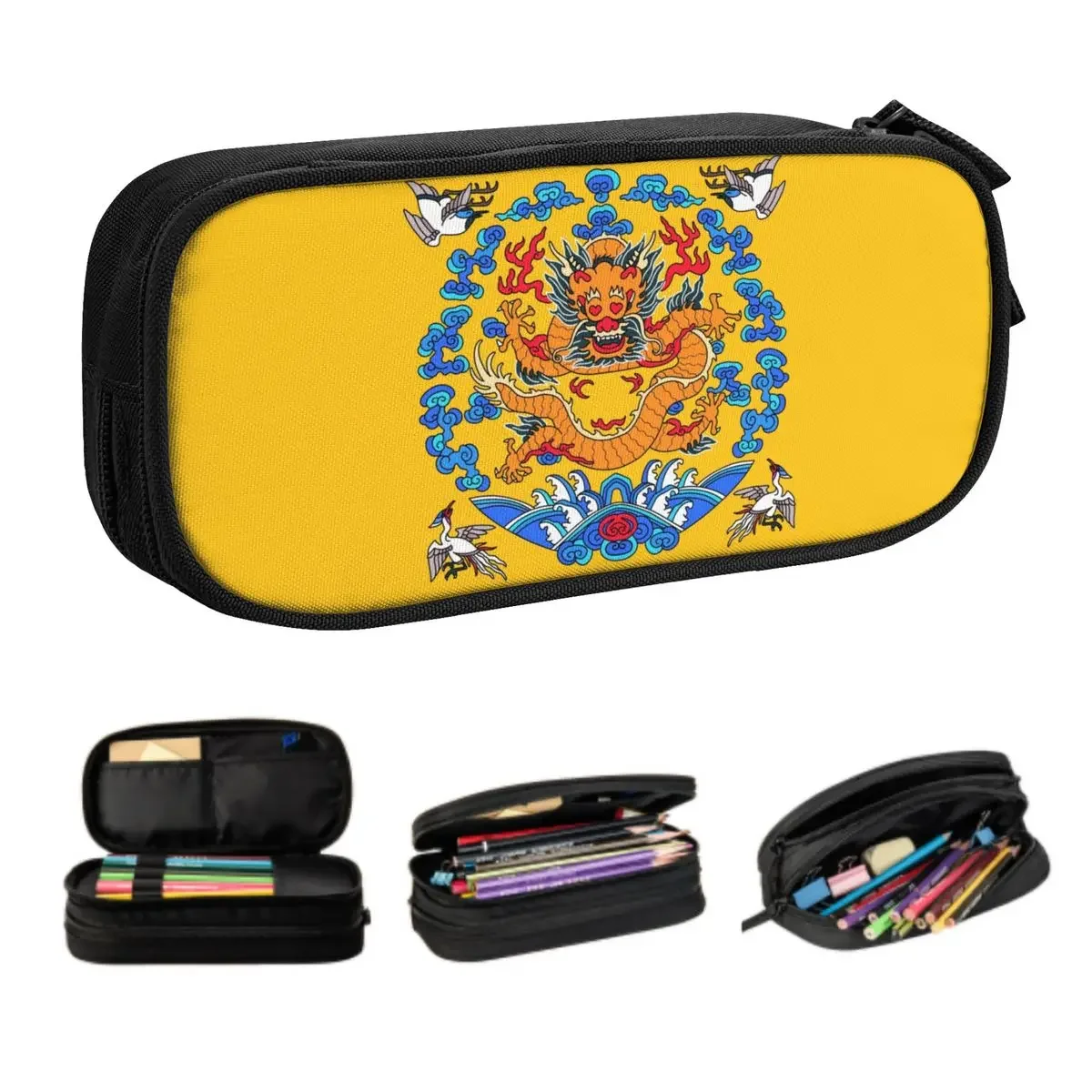 Custom Chinese Emperor Robe Smiling Dragon School Pencil Case Girl Large Storage Asian Style Pencil Pouch Students Stationery