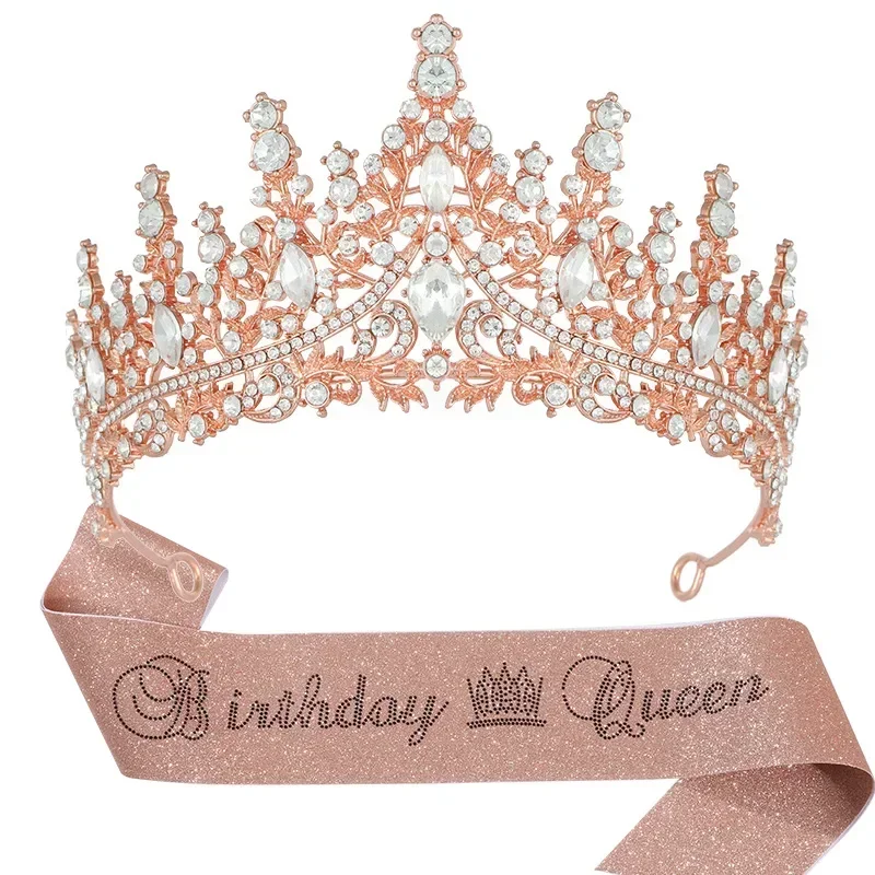 New Birthday Party Queen Crystal Crown Shoulder Strap Birthday Queen Glitter Pink Diamond Shoulder Strap Set Headband Woman Hair