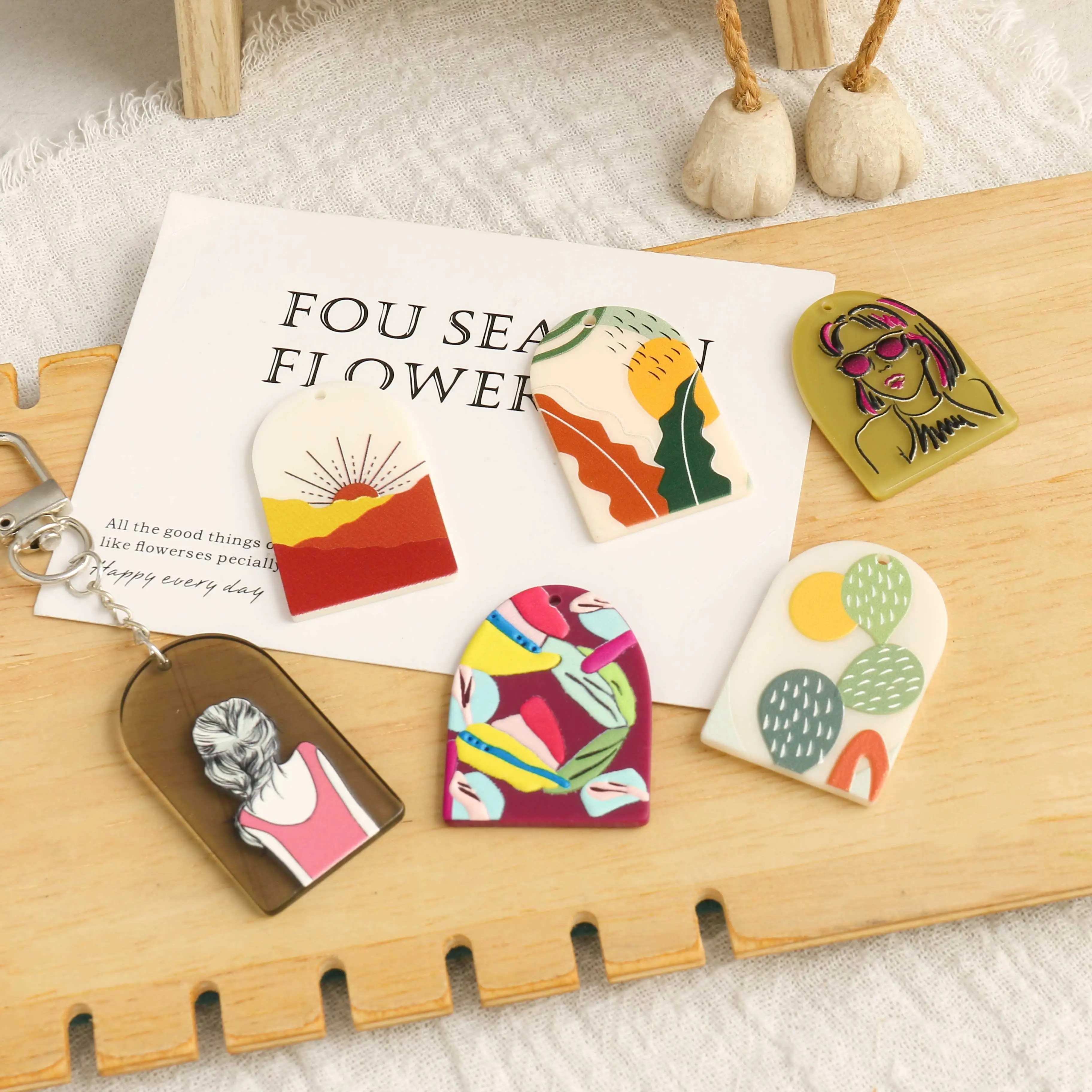 6‑Pack New Trendy Acrylic Printed Irregular Pendants, suitable for pendants, necklaces and bag charms