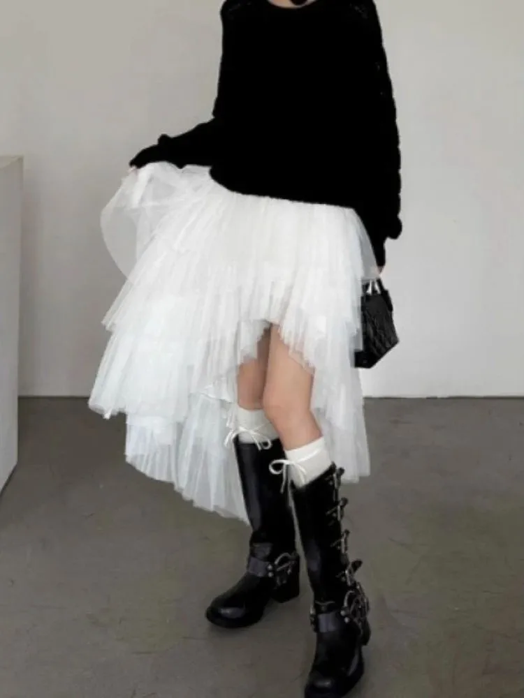 

Asymmetrical Multi-layer Fluffy Tulle Skirt High Waist A-Line Silhouette Polyester Fiber Elastic Waist Daily Wear Skirt