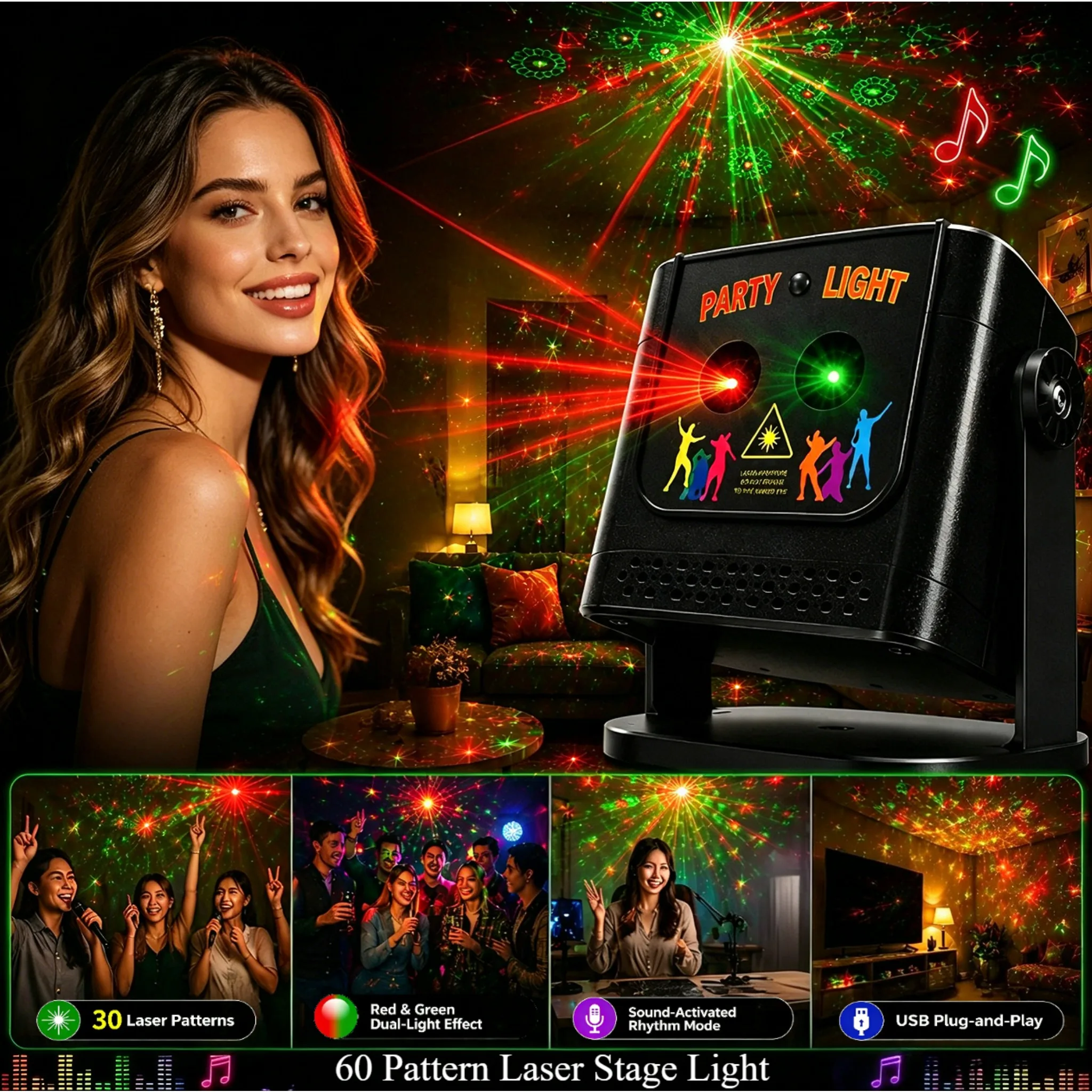 Voice Controlled Laser Stage Light with Remote Control 60 Pattern Beam Strobe Rotation KTV Bar Disco DJ Party Atmosphere Light