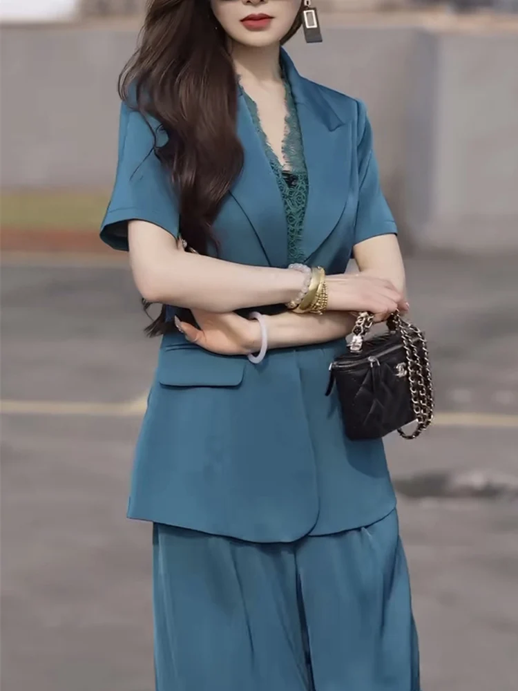 High end luz luxo moda temperamento terno conjunto para o verão 2025 novo laço retalhos backcoat calças de perna larga