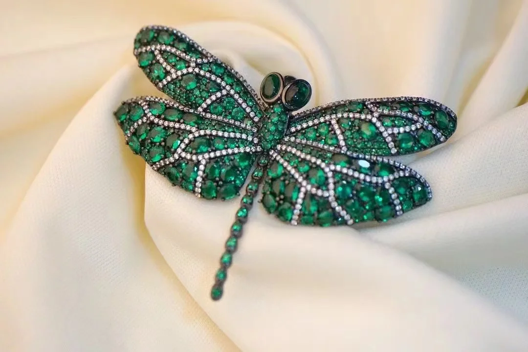 green color  925 sterling silver with cubic zircon dragonfly brooch 43*70MM fine women jewelry for coat dress insect jewelry