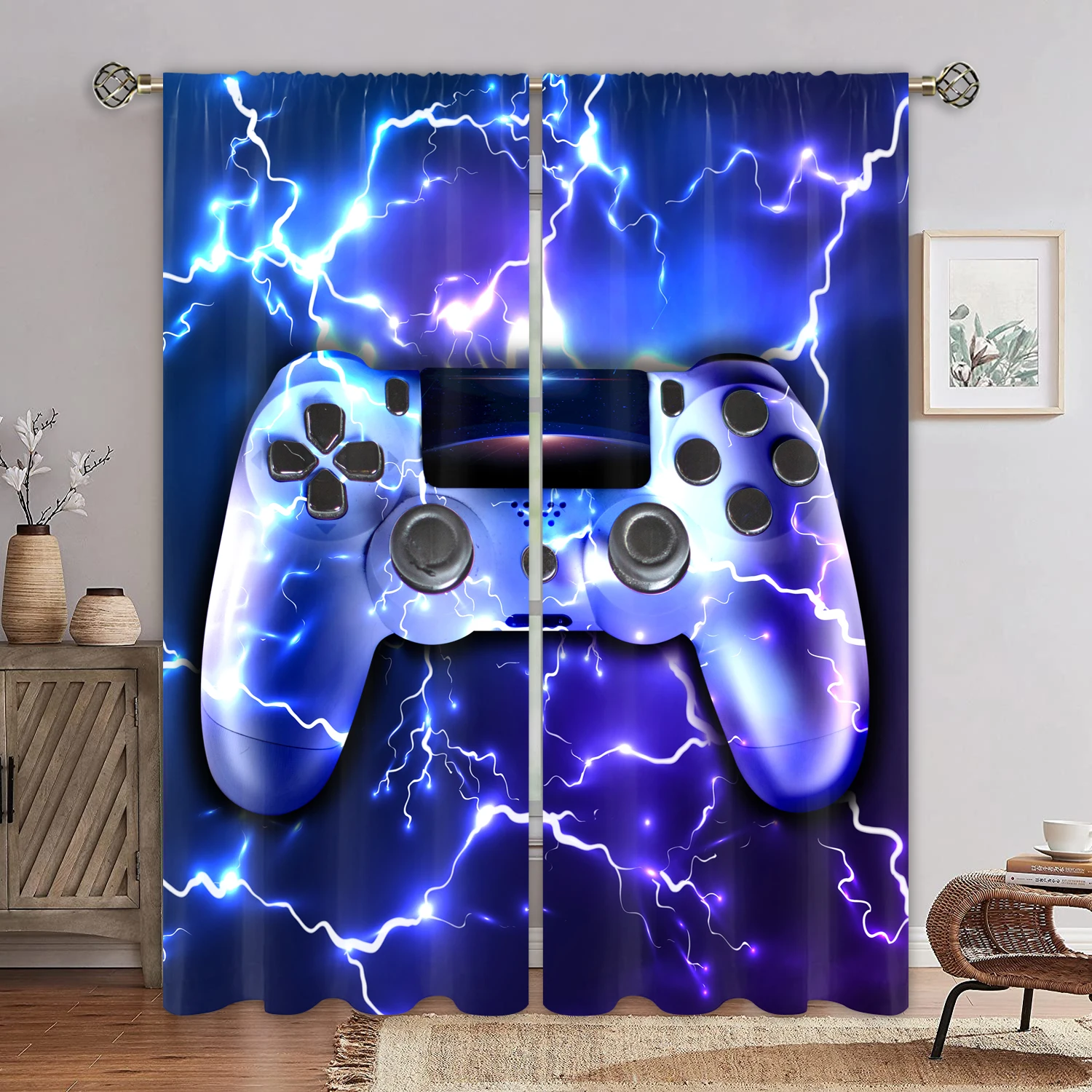 

Cool Gaming Controller Curtains Lightning Pattern Drapes Blue Gamer Theme Living Room Bedroom Decor Curtains 2 Panels Set