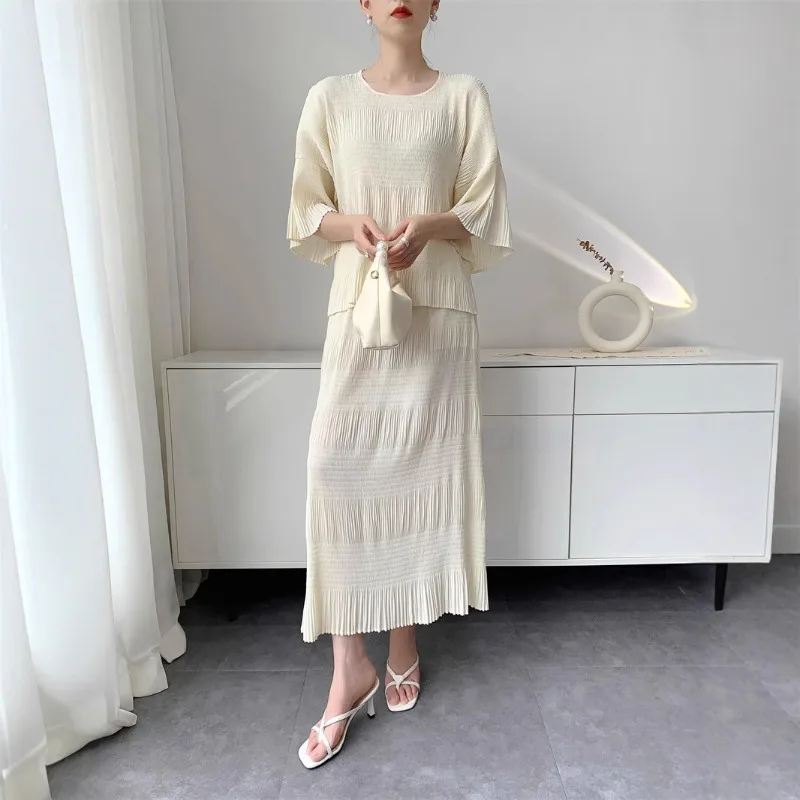 Miyake terno plissado feminino verão novo topo meia saia temperamento confortável casual simples tamanho grande elástico roupas de viagem