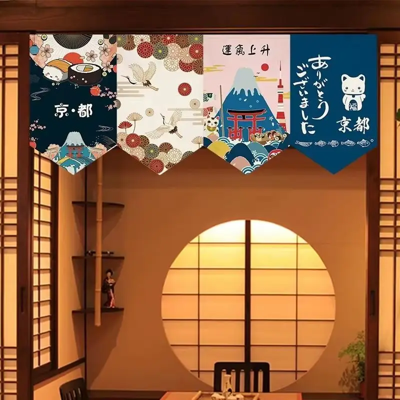 VIKAMA Japanese Kyoto-Style Triangle Flag Curtain Mount Fuji Maneki-neko Ukiyo-e Hanging Japanese Restaurant Izakaya Home Decor