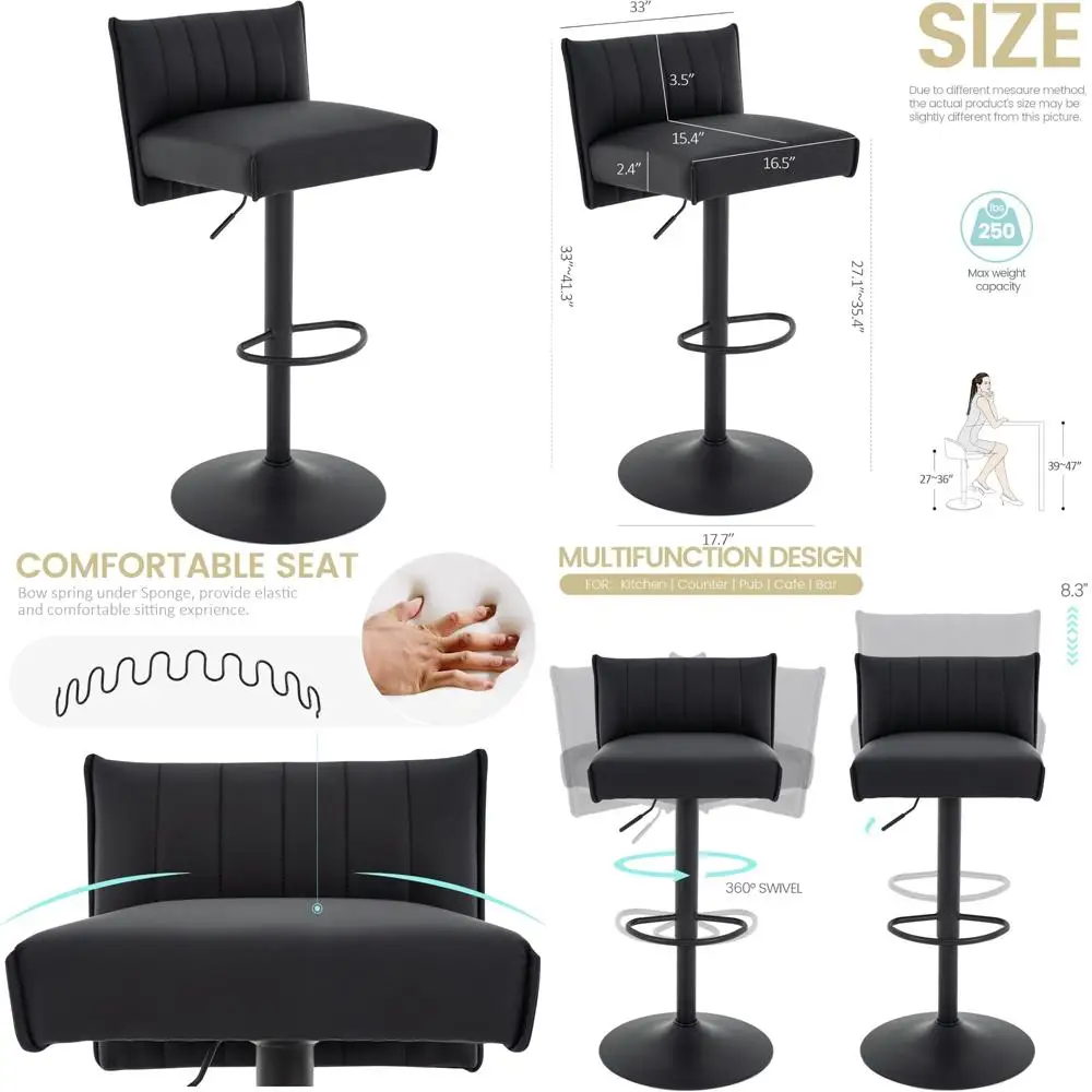 Adjustable Swivel PU Leather Bar Stool with Cushioned Seat and Low Backrest for Counter Height