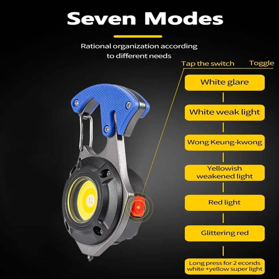 Mini COB Portable Keychain Flashlight 7 Mode Emergency Lamp with Screwdriver Window Breaking Hammer Multifunction Flashlight