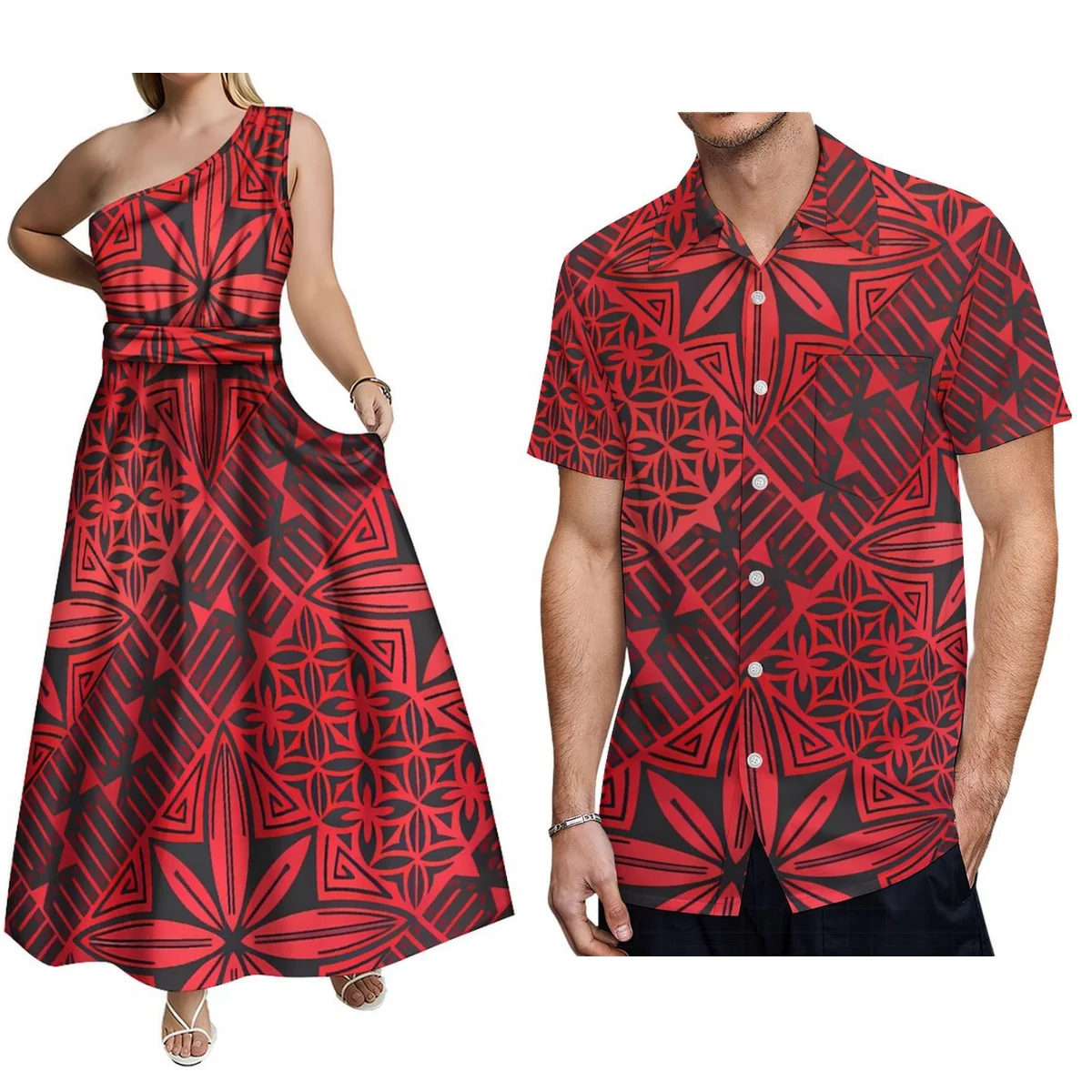 Hot Couple Sets Samoa Fijian Women'S Polynesian Dress Matching Men'S Shirt Elegant Women'S Off-The-Shoulder Dress Tailored