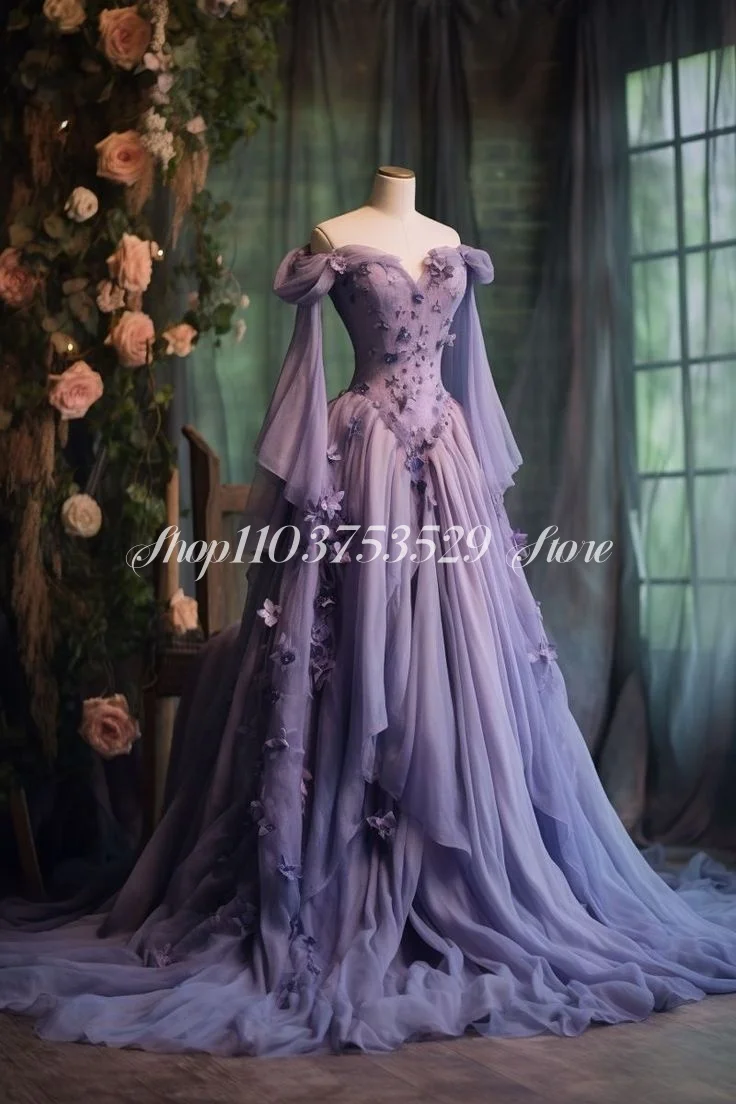 Fantasy Purple Medieval Prom Dress Customized Strapless Fairy Long Sleeve Floral Applique Corset A-line Long vestidos de festa