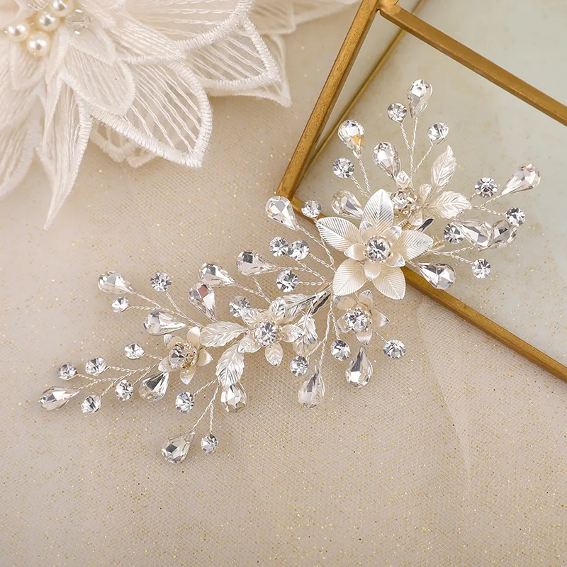 SLBRIDAL Handmade Crystal Rhinestones Alloy Flower Leaf Bridal Hair Clip Barrettes Wedding Hair Accessories Women Hair Jewelry