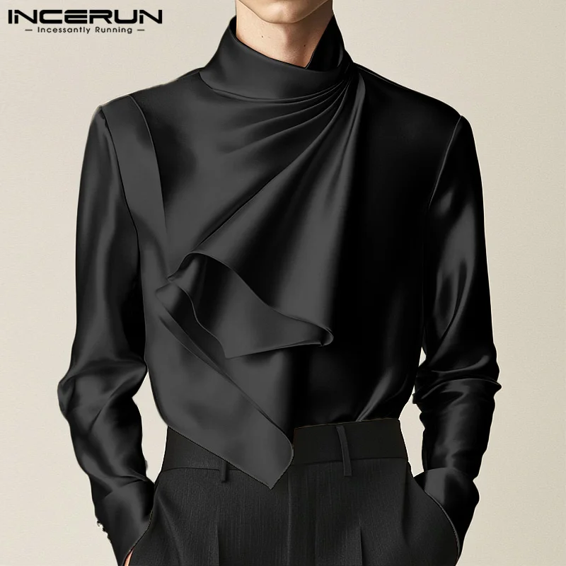 American Style Sexy New Men's Irregular Scarf Design T-shirt INCERUN Tops Casual Clubwear Male Solid Long Sleeved Camiseta S-5XL