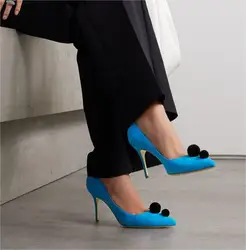 Suede Pointed Toe Hairball Pumps Elegant Shallow High Heels Luxury Designer Stilettos 2024 New Big Size Party Shoes for Women