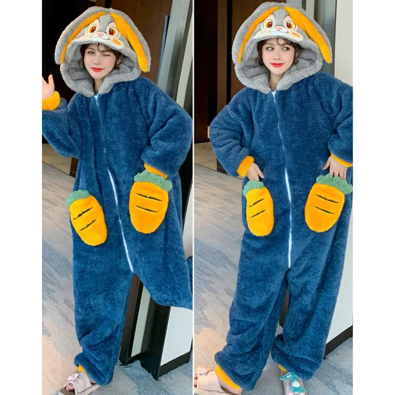 Winter Kigurumi Thicken Flannel Animal Pajamas Suit Adult Onesie Anime Women Girls Rabbit Jumpsuit Halloween Party Suit Overalls