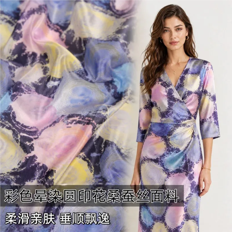 Soft colorful circular printed silk real satin fabric shirt cheongsam designer