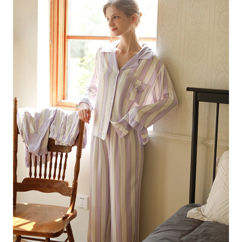 2022 Spring Ladies Satin Jasmine Purple Fox Striped Pajamas for Women Long Sleeve Pants Comfortable Home Suit Viscose 2 Piece