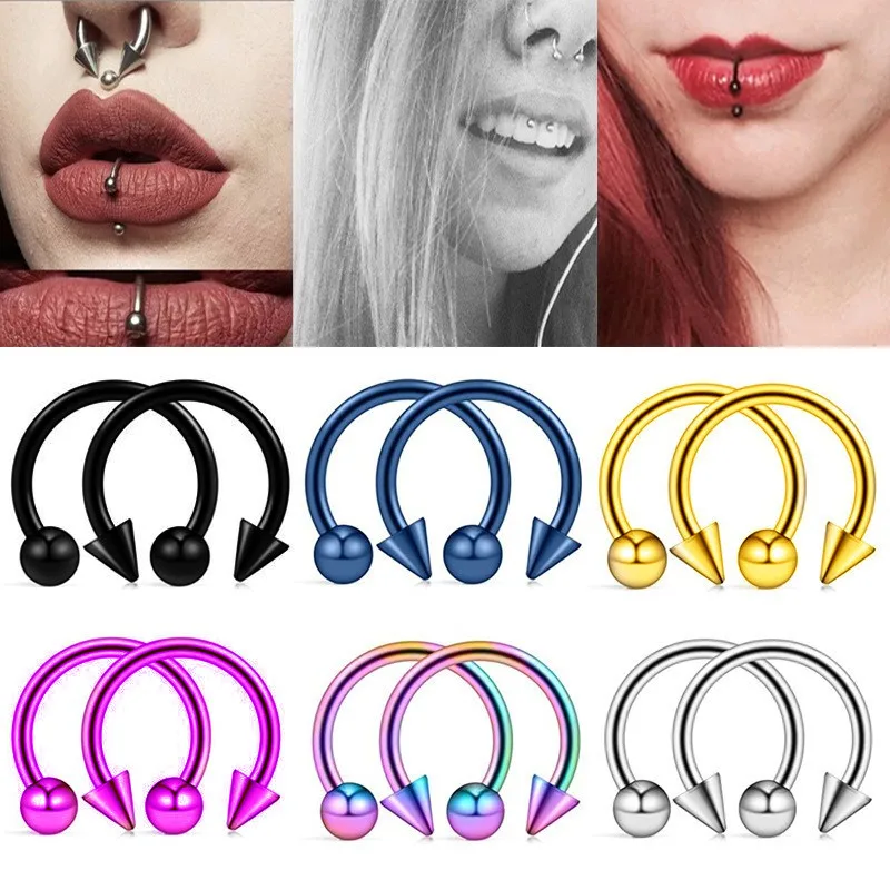 2Pcs Cone Spike Horseshoe Circular Septum Nose Ring, 316L Stainless Steel Nipple Hoops Rings Septum Eyebrow Ear Piercing Jewelry