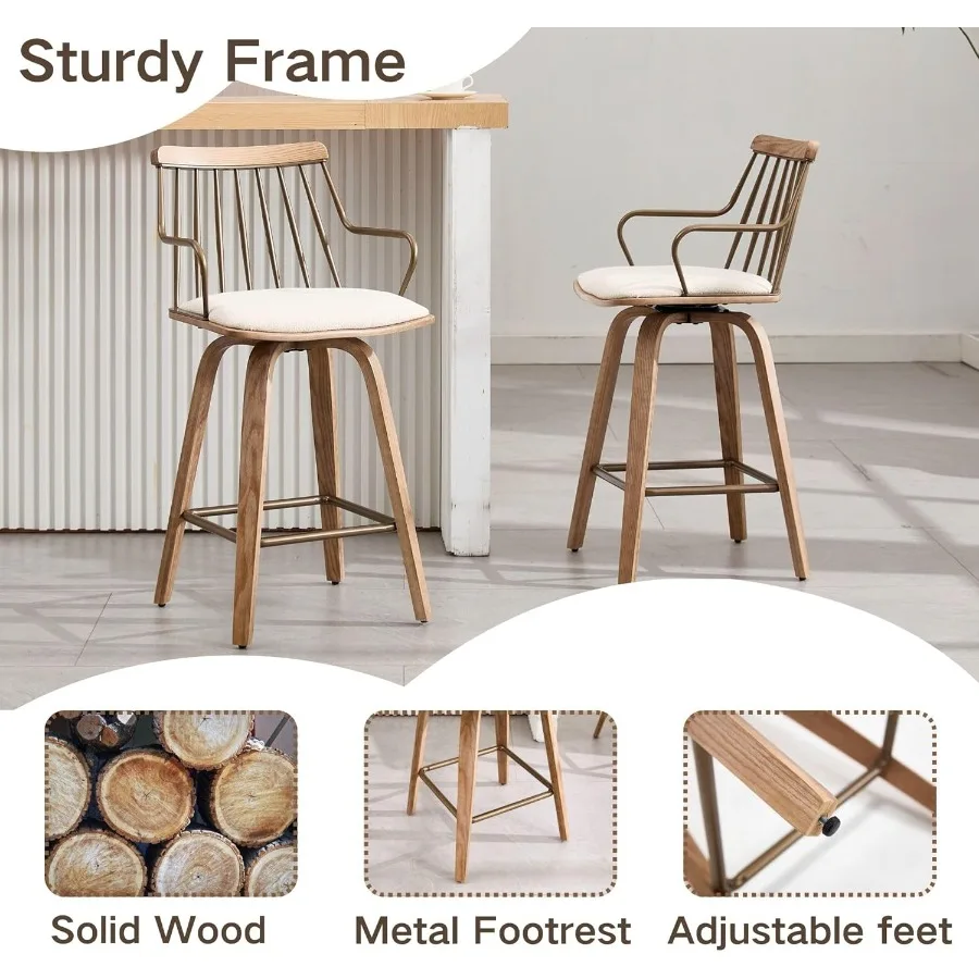 مجموعة كراسي بارتفاع دوار مكونة من 2 26 مقاعد عداد حديثة لمنتصف القرن مع أذرع خلفية مغزل من الخشب المنفروش