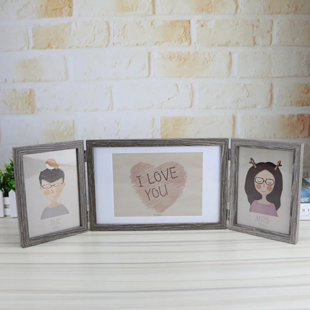 Tri-Fold Rustic Wooden Photo Frame Premium Solid Wood Desktop Decor for Living Room Bedroom Office Home Use Simple Elegant