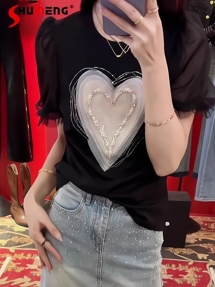 

Love Heart Bead Splicing Short-sleeve T-shirts Women's 2025 Summer New Fashion Temperament Loose Comfort Trend Short-sleeve Tops