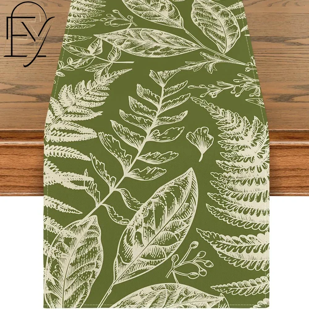 Leaf Table Runner Tropical Fern Leaves Linen Tablecloth Sage Green Botanical Sketch Summer Kitchen Dining Party Table Scarf