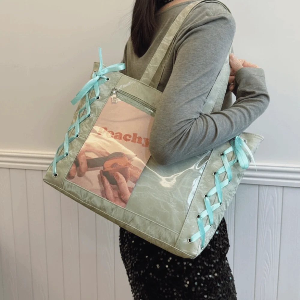 Portable Lace-up Simple Itabag Cross Ribbon Badge Display Transparent Pocket Tote Bag Solid Color PU Shoulder Bag Men