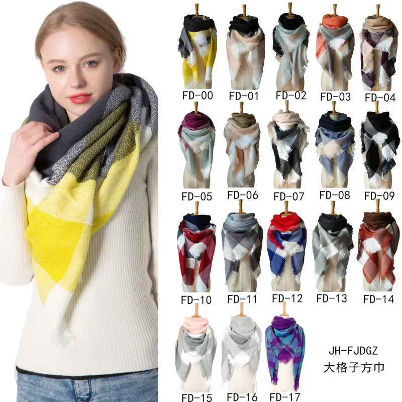 Autumn and Winter New Yellow Grey Cashmere Big Grid Square Scarf Women Double Faced Shawl