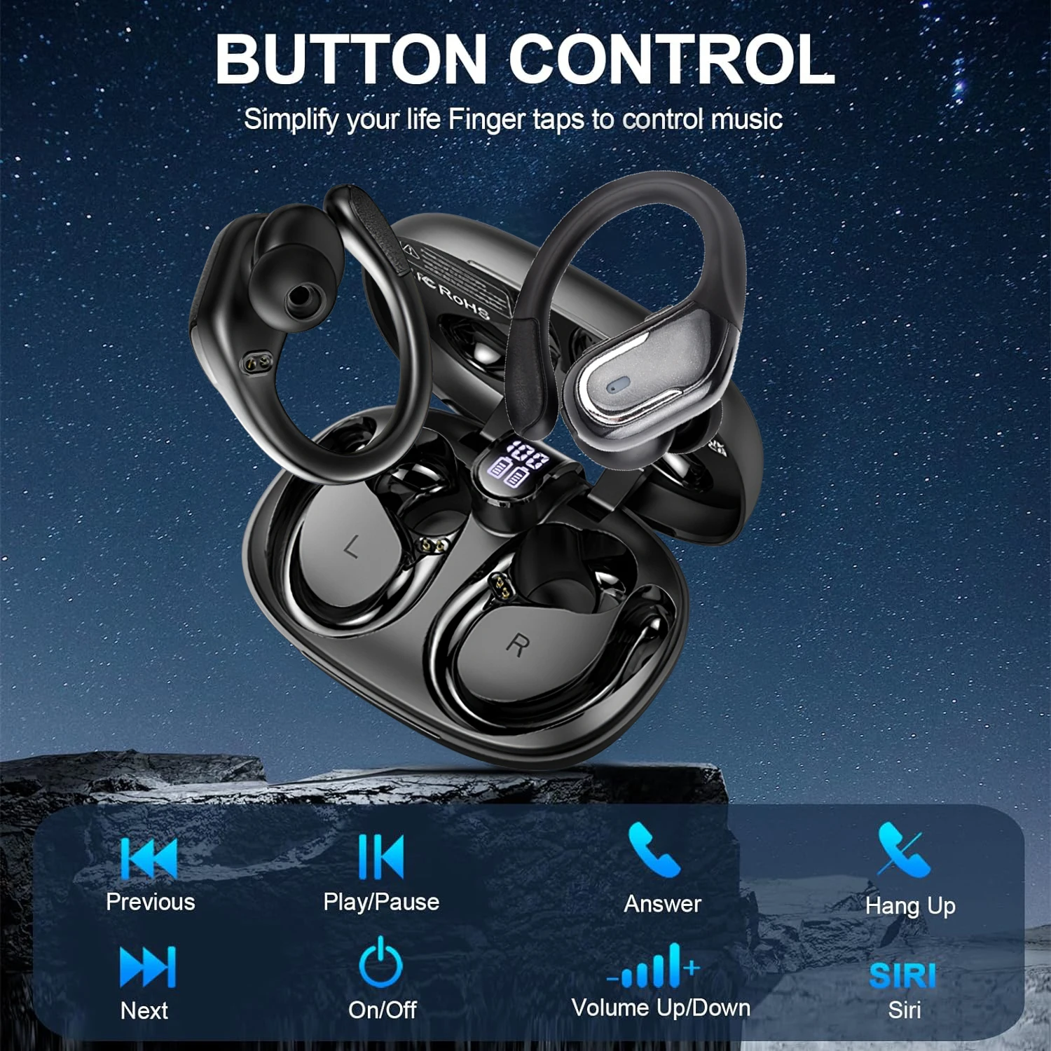 سماعات رأس لاسلكية داخل الأذن مع شاشة عرض LED سماعات أذن للركض والرياضة وسماعات أذن ، وسماعات أذن ، وصوت جهير خالص ، جديد