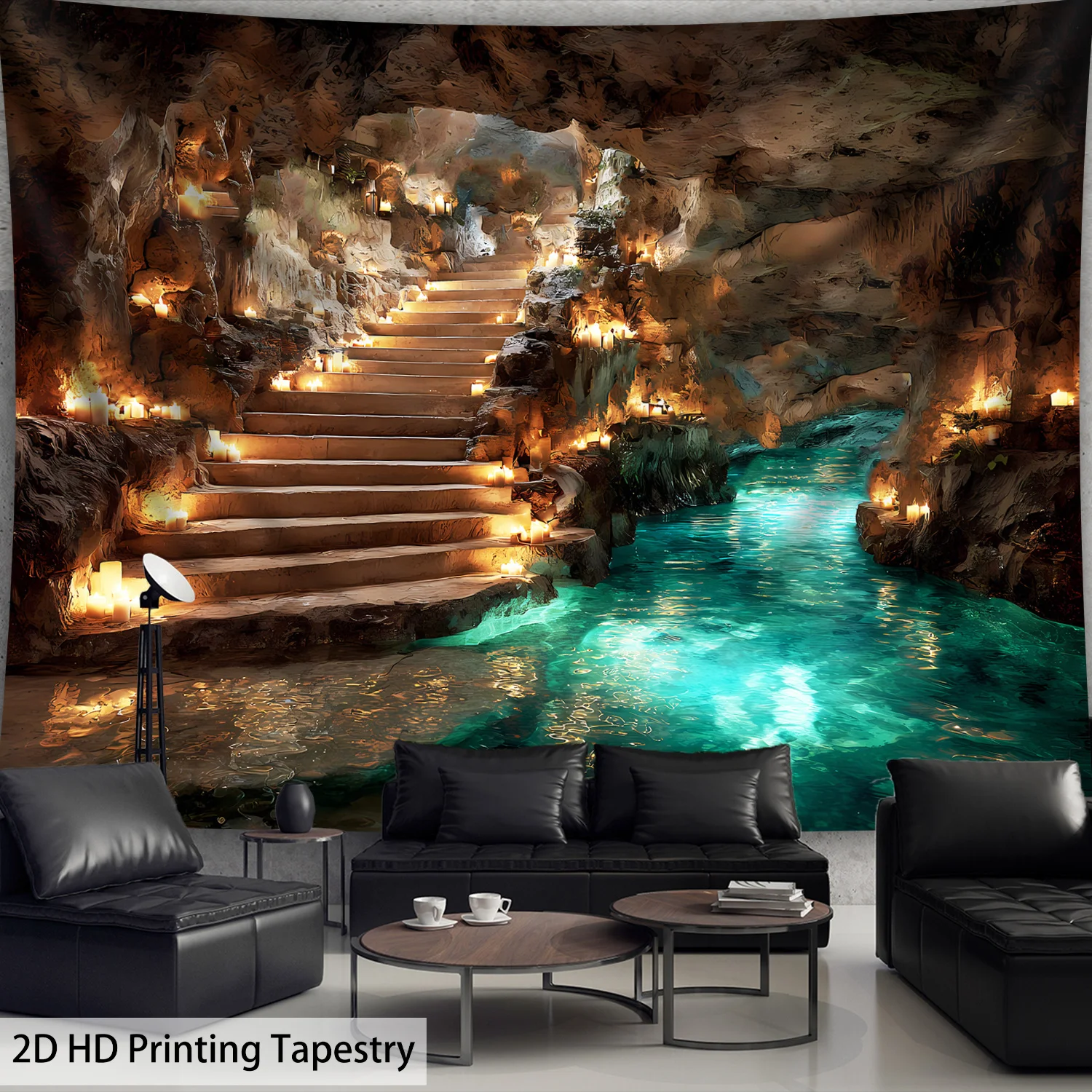 Magnificent cave waterfall tapestries, dreamlike underground cave landscape art, bohemian-style home decor wallpaper, high