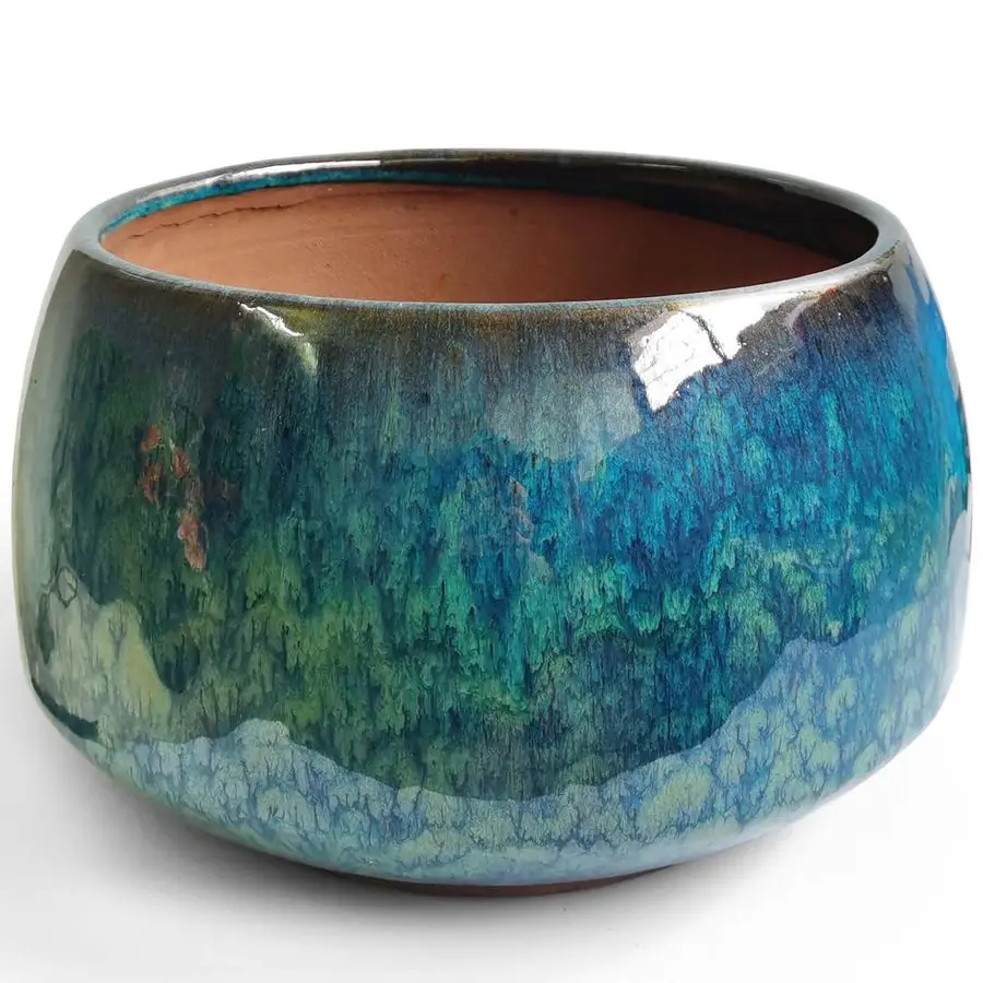 

Casktcom Reactive Glaze Peacock Color 11 Ceramic Plant Pot, Large Blue Green Planter Artisan Flower Pot with Drainage Hole, Bre