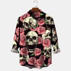 Autumn Skull Print Long Sleeve Shirts Men's Polo Collar Long Sleeve Shirt Personalized Outdoor Casual Clothing Men's Loose Tops