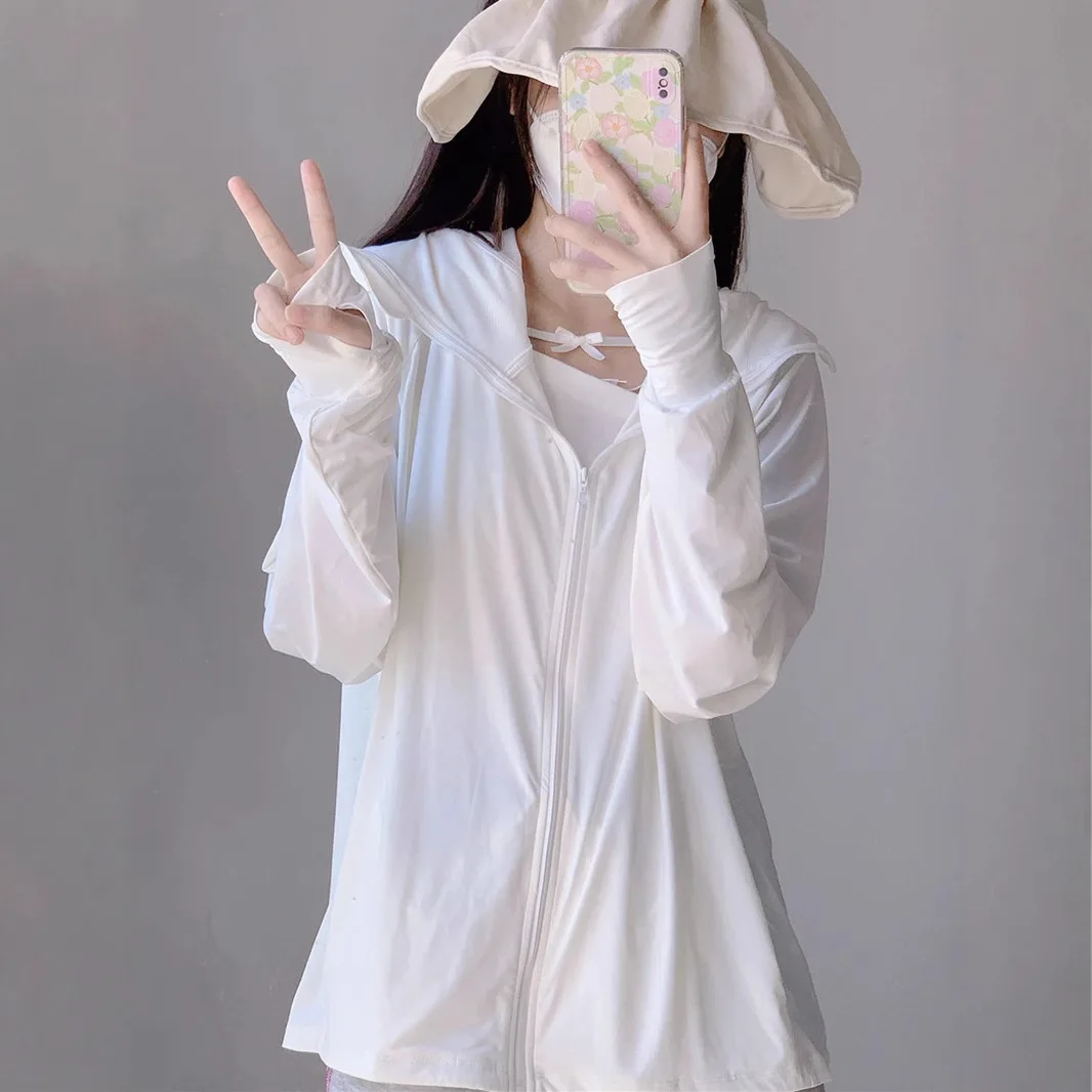Nylon Ice-sensing Sunscreen Clothes for Women 2025 Summer New Loose Hooded Cardigan Thin Ice Silk Jacket