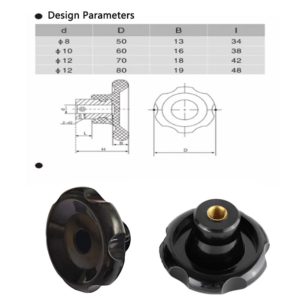 M8 M10 M12 Bakelite Corrugated Handle Mask Machine Convex Iron Handwheel Electric Wood Hexagonal Light Hole Corrugated Black 1Pc