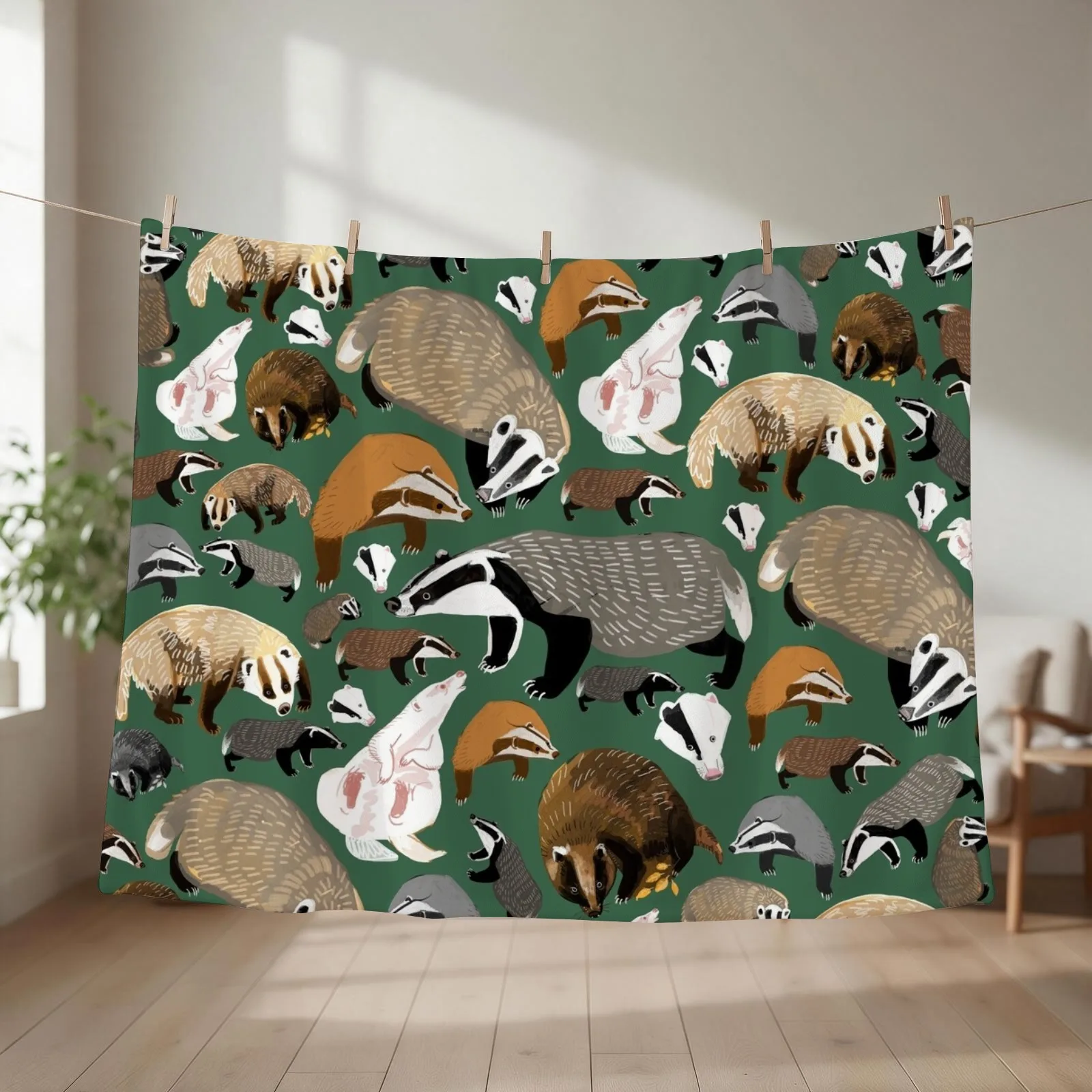 Eurasian badgers pattern Green Throw Blanket Thermals For Travel Luxury Retros Softest Blankets